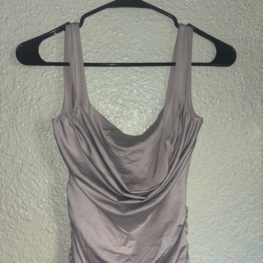Oh Polly style in “Inner Beauty Ruched Midi Dress in Grey”
